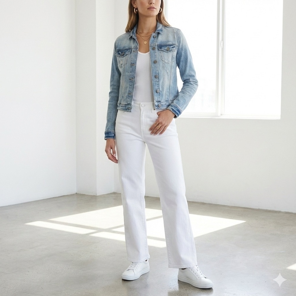 Paige light blue distressed denim jean jacket - Small